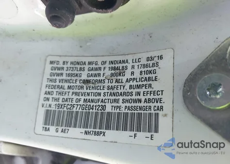 2016 Honda Civic Ex z USA, uszkodzony, nr VIN 19XFC2F77GE041230